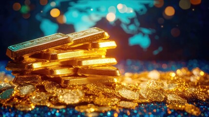 Aufkleber - Stunning golden bars and coins piled together, symbolizing wealth and luxury against a vibrant background, ideal for finance themes.