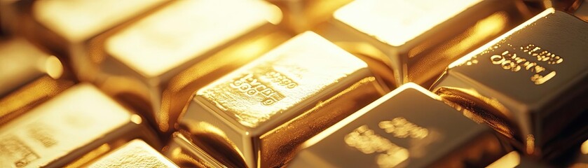 Poster - Gleaming gold bars stacked closely, representing wealth, investment, and luxury in a vibrant and polished appearance.