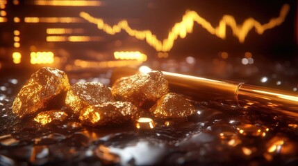 Poster - Glistening gold nuggets and a sleek pen against a backdrop of financial charts, symbolizing wealth and prosperity.