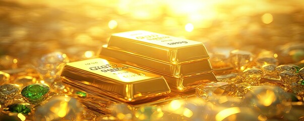 Poster - A stunning display of shimmering gold bars surrounded by sparkling jewels, evoking wealth and luxury in a radiant setting.