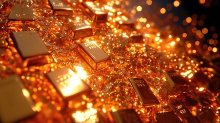 Poster - Close-up view of gleaming gold bars surrounded by dazzling sparkles, symbolizing wealth and luxury in a vibrant display.