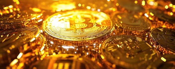 Aufkleber - Close-up view of shiny Bitcoin coins reflecting golden hues. Symbolizes digital currency and investment potential. Ideal for finance themes.