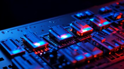 Aufkleber - Explore glowing circuit board components illuminated by vibrant blue and red lights