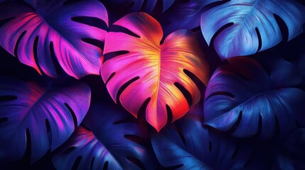 Wall Mural - neon tropical leaves pattern vibrant banana and palm fronds glowing against dark background retrofuturistic design exotic night jungle aesthetic