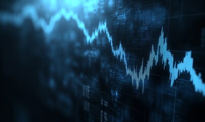 Poster - Futuristic financial interface with blue and violet digital bar charts over dark blue background. Stock market data analysis concept.