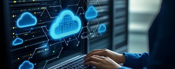Poster - Typing man on keyboard, computer room with hologram, data center