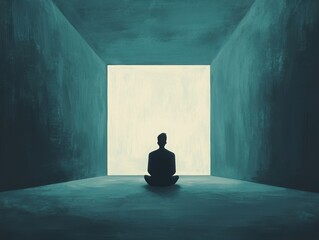 Wall Mural - a lone figure sitting in a quiet room, surrounded by floating, dark thoughts, but with a clear, brig