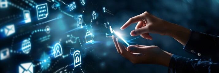 Poster - Hands interacting with touchscreen, illustrating digital communication and technology connections with diverse icons, from cloud storage to settings. Concept of modern tech and internet of things.