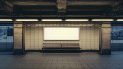 Poster - An urban design and communication concept featuring a subway station with white tiles and a central advertising board.