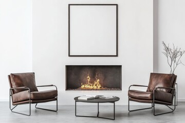 Wall Mural - An interior view of a cozy home living room with chairs and a fireplace. Mockup frame included.