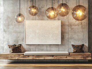 Poster - In the dusk, a blank billboard is illuminated on a rustic wall. Urban advertisement and design concept.