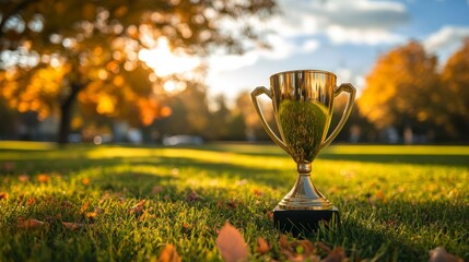 Trophy on grass with vibrant green background. Competition concept. Stock image.