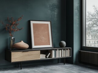 Poster - The mockup frame depicts a dark blue living room interior with a drawer and a dining table
