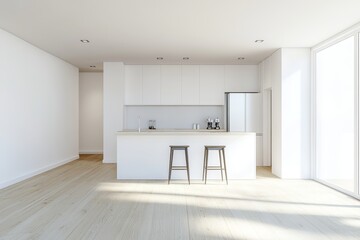 Canvas Print - The interior of a modern home kitchen with a bar island and a refrigerator cabinet