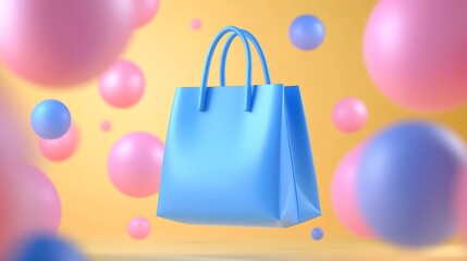 Blue shopping bag with handles floating among colorful balloons on a yellow background. Creative, playful, and vibrant imagery.