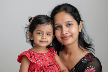 Wall Mural - Portrait of a young smiling Indian mother and daughter