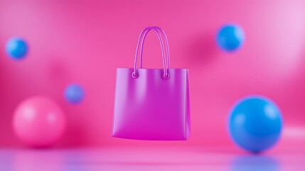 Bright pink shopping bag with colorful blue and pink balloons in the background, creating a vibrant and playful shopping theme.