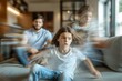 © DK_2020 - Headache, parents and children by sofa running and impulsive behavior with motion blur at home