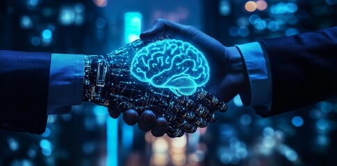 Poster - Handshake between humans and robots, AI brain hologram, and abstract circuit