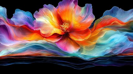 Poster -  Colorful Flower on Black Background with Bottom Right Water Reflection