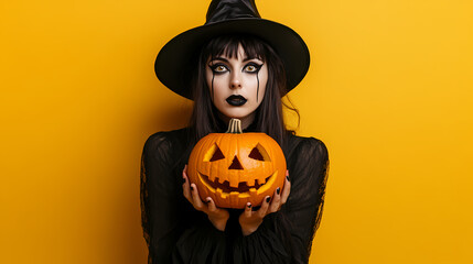 Magician woman wearing black costume and halloween makeup holding carved pumpkin, isolated over yellow background