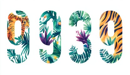 Wall Mural - An illustration for a baby shower using watercolor tropical numbers with flowers and leaves. A jungle flower design. An illustration from a safari resort with exotic greenery. A jungle animals