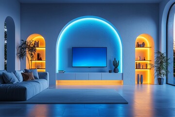 Aufkleber - On a modern living room cabinet is a smart television with a blank empty mockup blue screen, blended digital 3D illustration with matte painting.