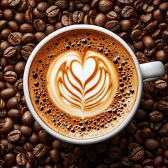 Poster - Top view of a white latte cup and a coffee bean in a coffeeshop. Mixed digital illustrations and matte paintings combined