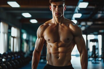 Wall Mural - Young muscular man posing in the gym center