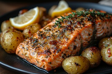 Wall Mural - Salmon steak with lettuce leaves and baked roasted potatoes on a metal plate with grilled pepper, lemon, and salt, digital photo illustration.