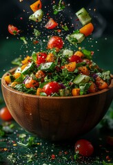 Poster - This is a digital rendering of a wooden bowl with salad ingredients floating in the air. It is not based on any actual scene or reference image.