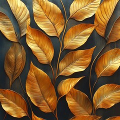 Canvas Print - Tropical leaves wall art design in shinny golden light texture, consisting of digital illustration and matte painting