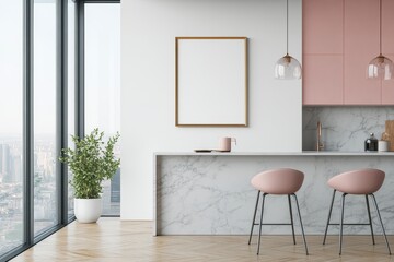 Poster - Home decoration concept, with blank wall poster, wooden furniture, and indoor plants on white background. 3D rendering.