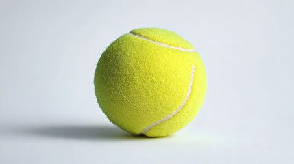 A yellow tennis ball with white seams sits on a white surface, ready for a game.