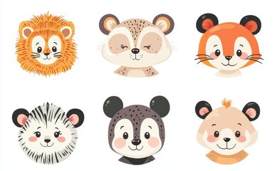 Wall Mural - Illustration with cartoon cute animals for baby cards. Lion, dog, bunny, panda, tiger, cat, and fox.