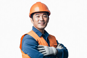 Worker wearing hard hat smiling positively