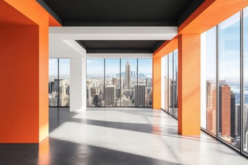 Poster - Interior of an empty office with orange shelves and a panorama view of skyscrapers