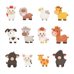 Sticker - Animated cartoon farm animals. Set of cows, horses, chickens, bunnies, pigs, goats, and sheep.