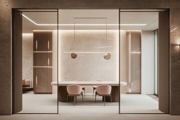 Poster - A cozy office interior with a meeting board and armchairs, a window, and a mock-up wall.