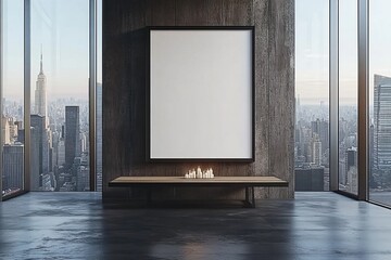 Poster - A contemporary office interior with a blank wall poster, wood elements, and large windows overlooking the city.