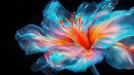 Poster -   A detailed photo of a blue, orange, and red flower with water droplets on its petals