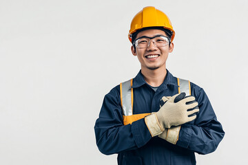 Worker wearing hard hat smiling positively