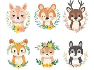 Wall Mural - Funcat and pet faces in flower wreaths. Pets and forest animals characters in flower crown stickers. Set of isolated modern icons.