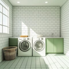Poster - Home laundry interior with washing machines, sink, window. Mockup frame.