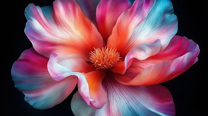 Canvas Print -   A vibrant bloom against a dark backdrop, featuring both red and blue centers at its core