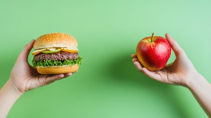 Wall Mural - A person holding a hamburger and an apple in their hands, AI