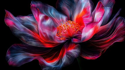 Wall Mural -   A close-up of a red flower on a black background, with a yellow stamen at its center