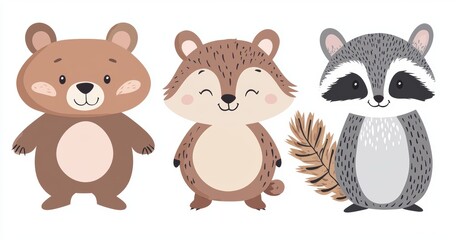 Wall Mural - The animals of the forest, isolated in an abstract way. Funny cartoon characters for kids. Bear, fox, owl, hedgehog, raccoon, hare. Modern illustration. Flat EPS10.