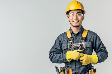 Worker wearing hard hat smiling positively