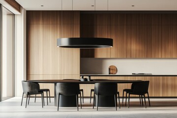 Sticker - A modern kitchen interior features a table and drawer for eating, a bar island, and a window